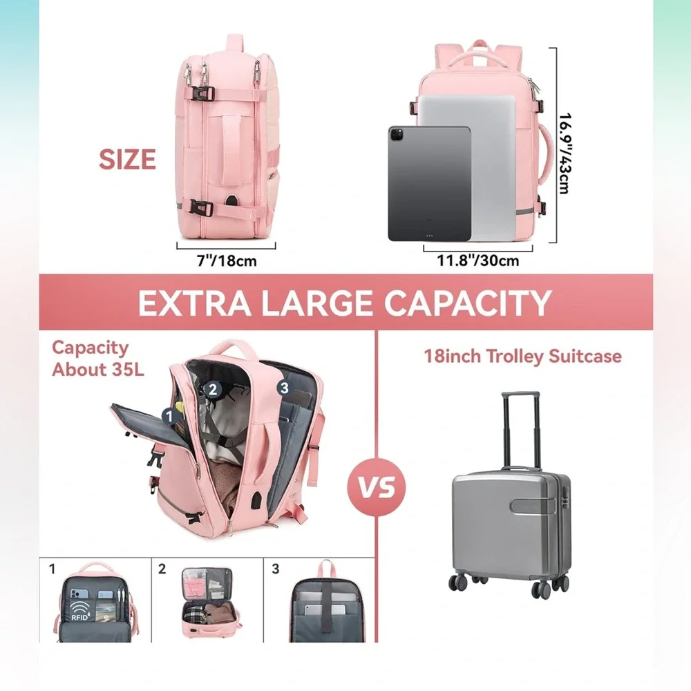 Airline Flight approved extra large capacity, travel laptop backpack 35L pink - Picture 11 of 16